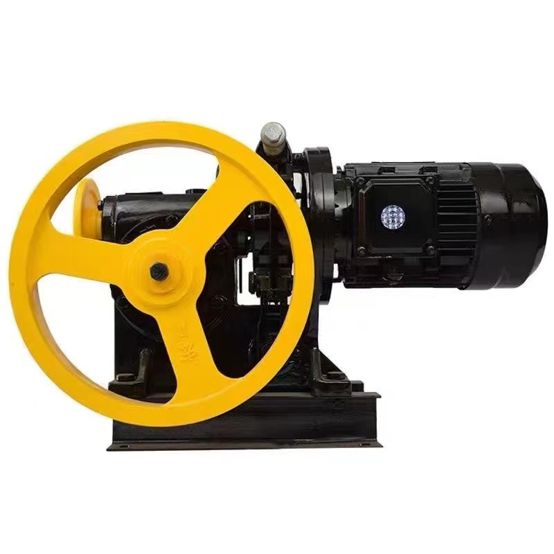 GOELEV dumbwaiter traction hoist — worm-gear motor with yellow manual hand-release wheel
